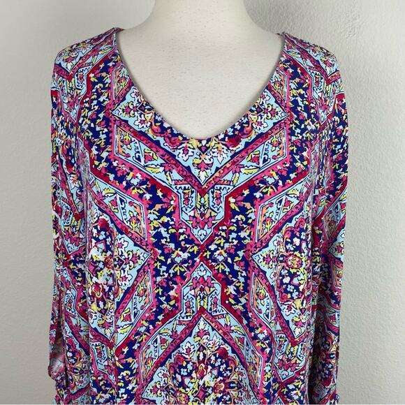 Chico's PInk Blue Multi Color Geometric Floral Stretch Knit Shift Dress 2 - Picture 3 of 9